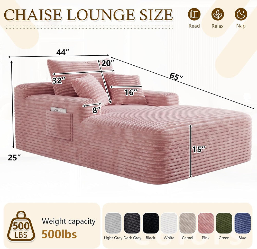 65" Oversized Boneless Chaise Lounge Chair Indoor with 3 Pillows, Pink