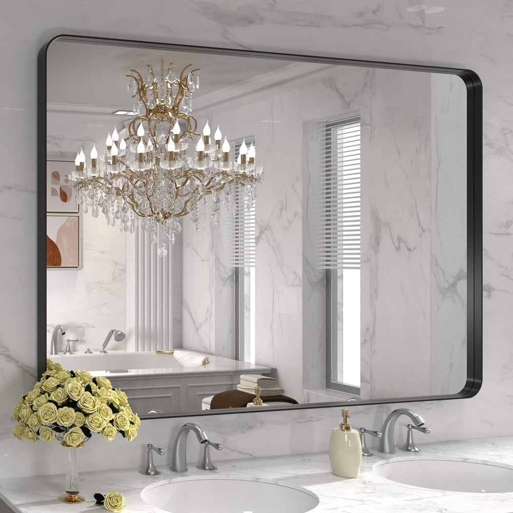 LOAAO 48X32 Inch Black Metal Framed Bathroom Mirror for Wall, Matte Black Bat...