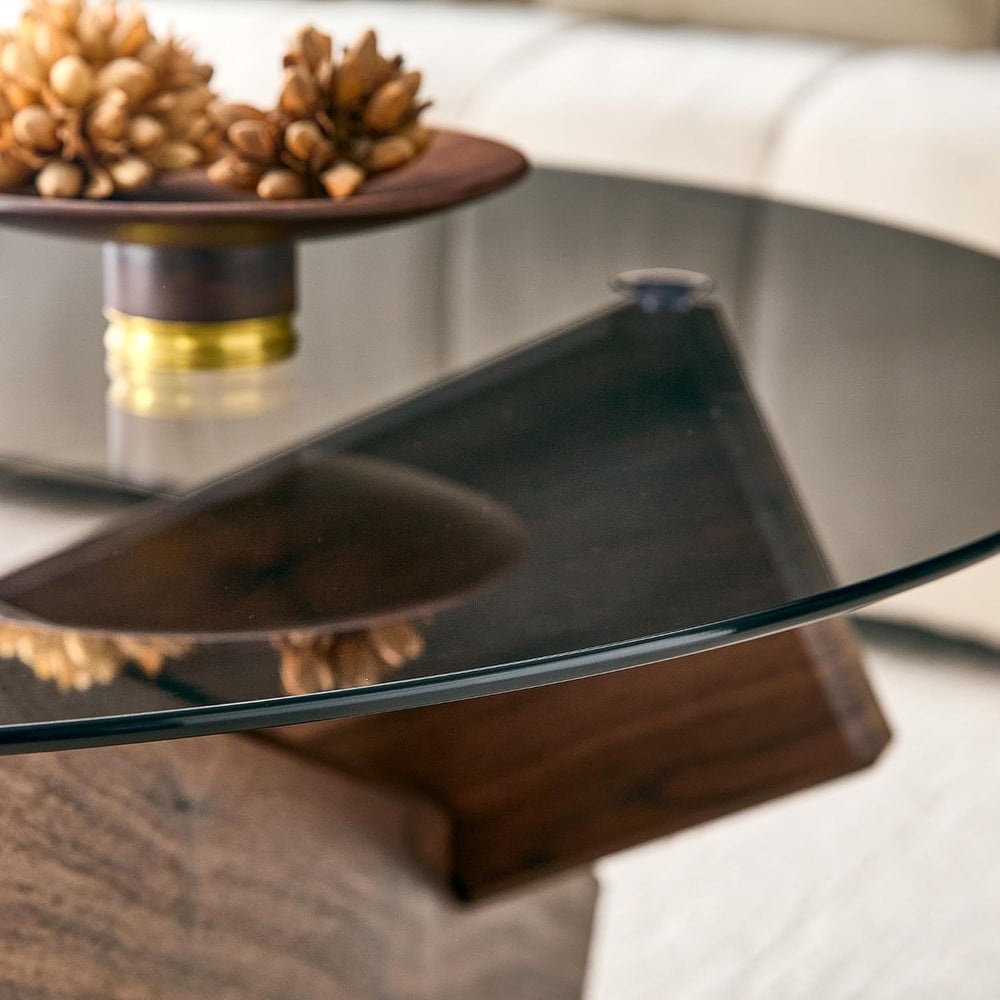 Round Gray Glass Coffee Table, 33.4-Inch Tempered Glass Top