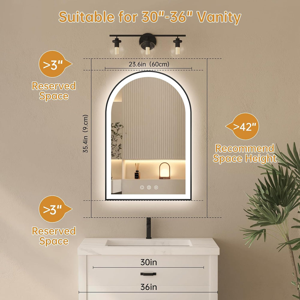 24"x36" Arched LED Lighted Bathroom Mirror with Lights
