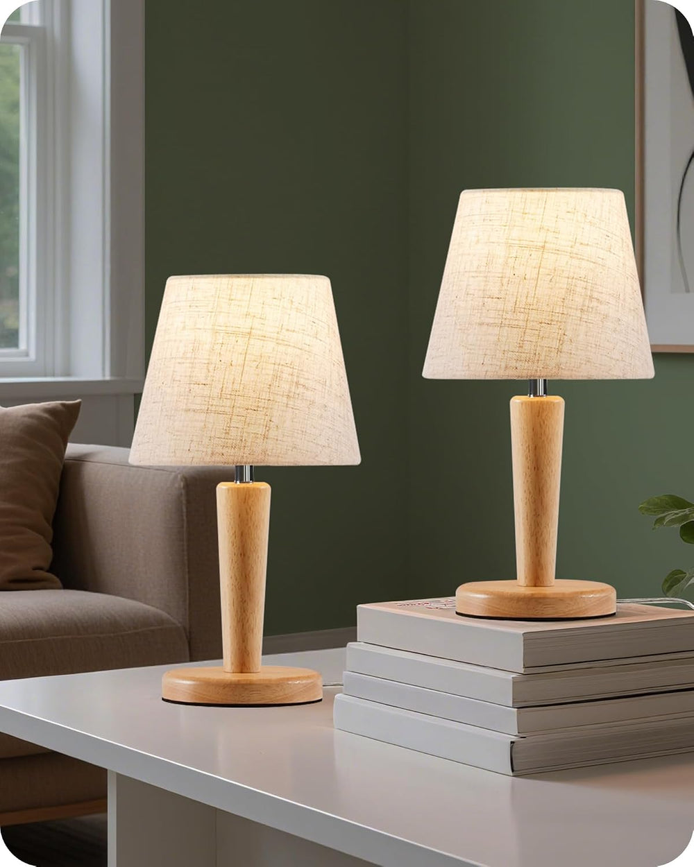 12" Wood Bedside Table Lamps Set of 2, Small Desk Lamps for Small Places...