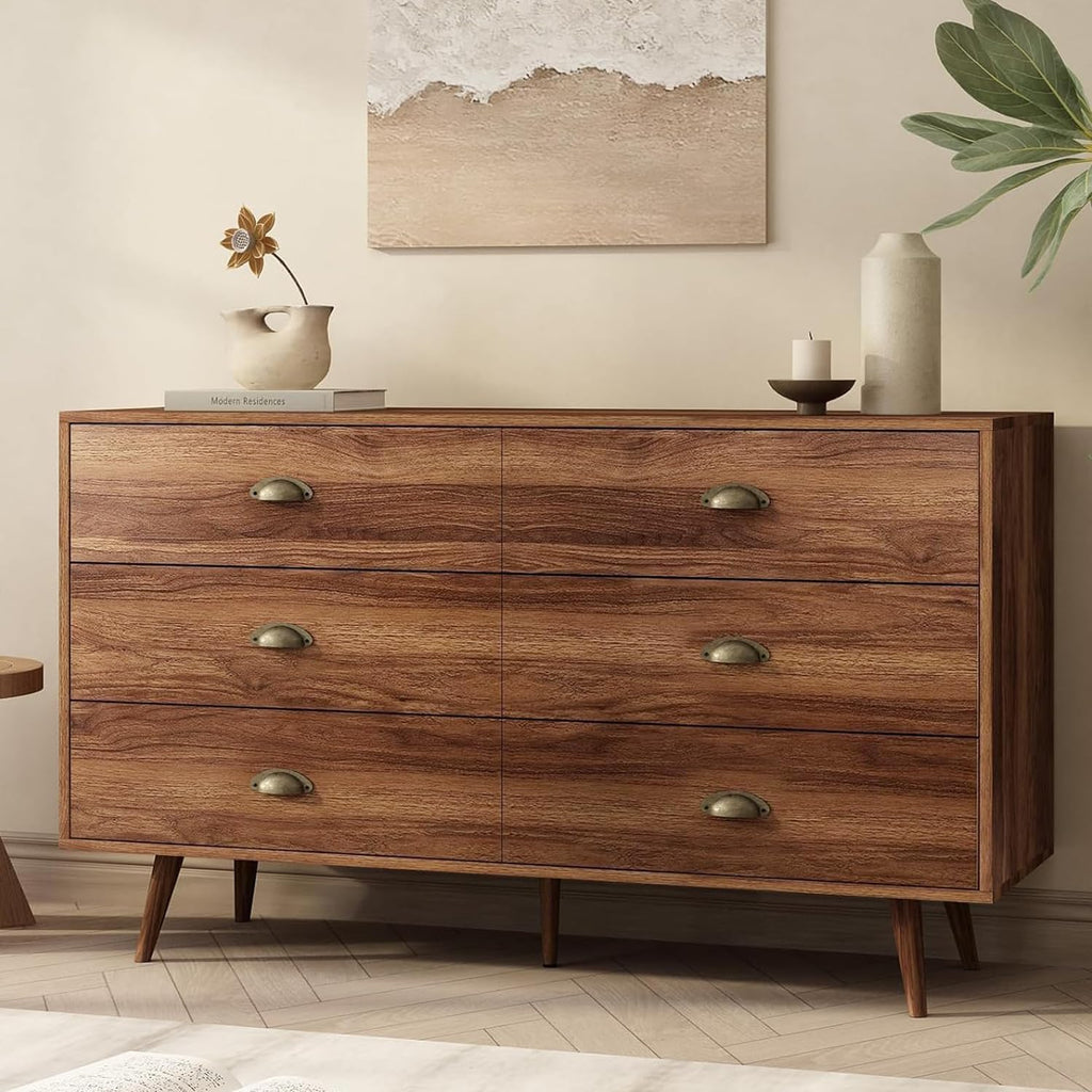 Walnut 6 Drawer Dresser for Bedroom, 47" Wood Dresser with Gold Handles.