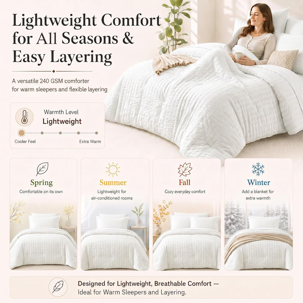 CozyLux Queen Comforter Set, 7 Pieces White Seersucker Bed in a Bag