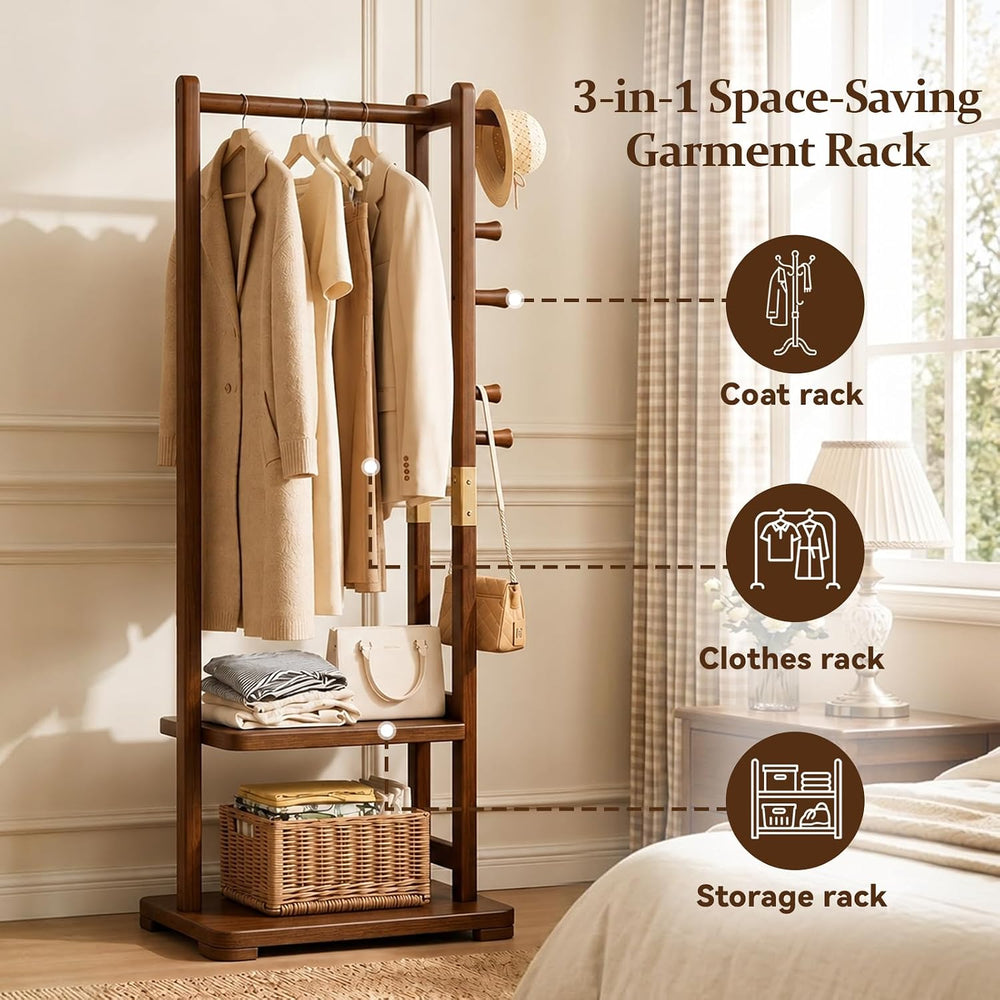 Taitiy Coat Rack Solid Wood Hall Tree Storage 2 Shelves 5 Hooks