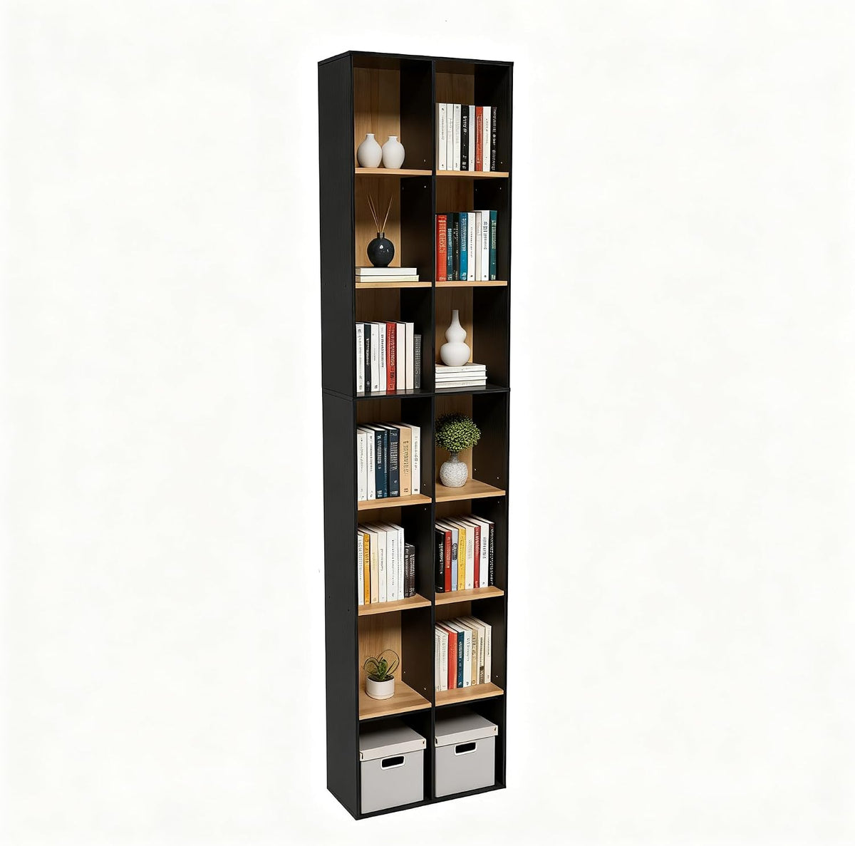 71" Tall Shallow Bookcase DVD Storage Shelf, 14 Cubes 7 Tier Narrow Wide Bookshelf with 6 Adjustable Shelves, Scratch & Moisture Resistant Media Cabinet for Living Room Study (Black-Oak)