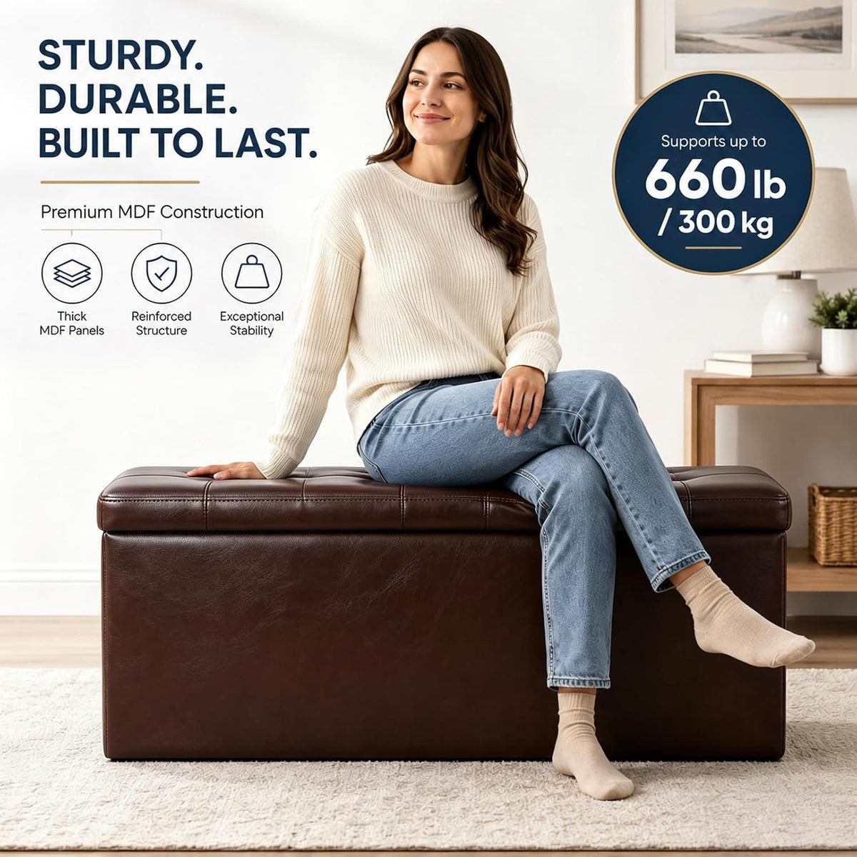 alasdo 43 inch folding storage ottoman bench with, side view