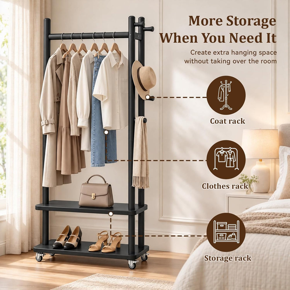 Taitiy Coat Rack Solid Wood Stand Storage 2 Shelves 5 Hooks Black