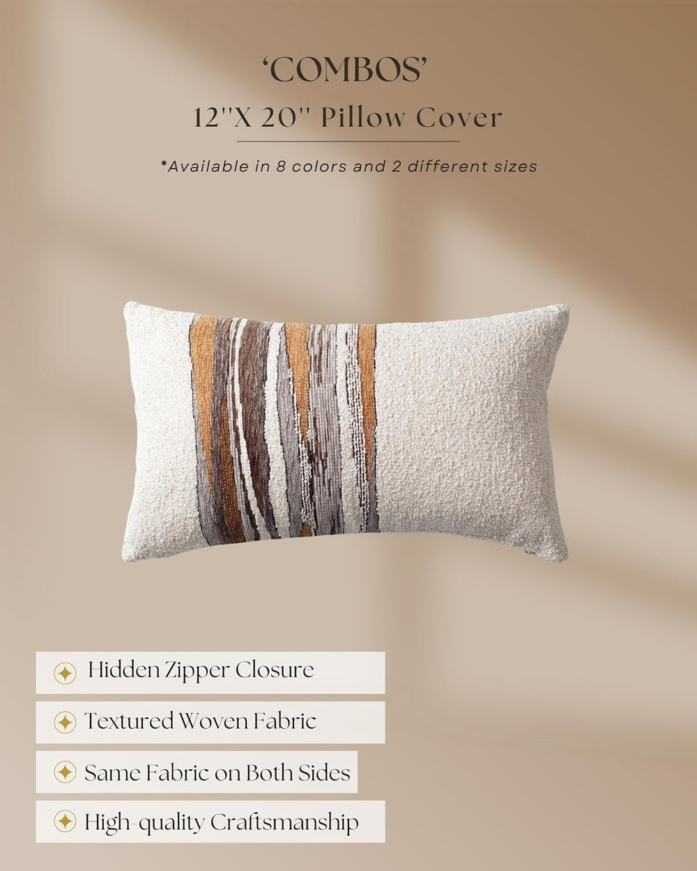 Throw Pillow Covers, Pack of 1, Combos, Mustard, 12"x20"