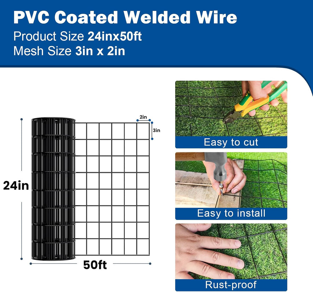 Black Welded Wire Fence, 24 in x 50 ft, 2 x 3 Inch Mesh, 16 Gauge PVC Coated ...