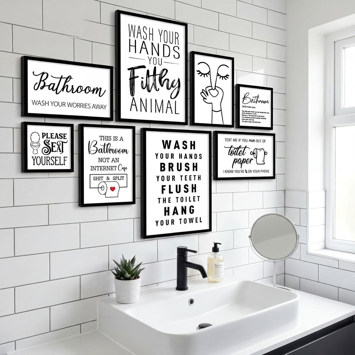 Faccito 8 Set Bathroom Wall Decor Funny Blaclk and White