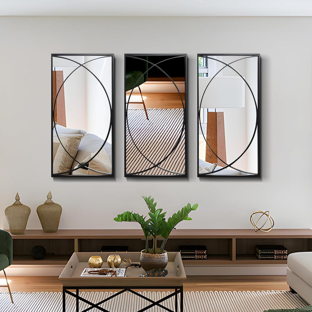 3-Piece Large Black Metal Rectangular Wall Mirror Set, Geometric Mirror
