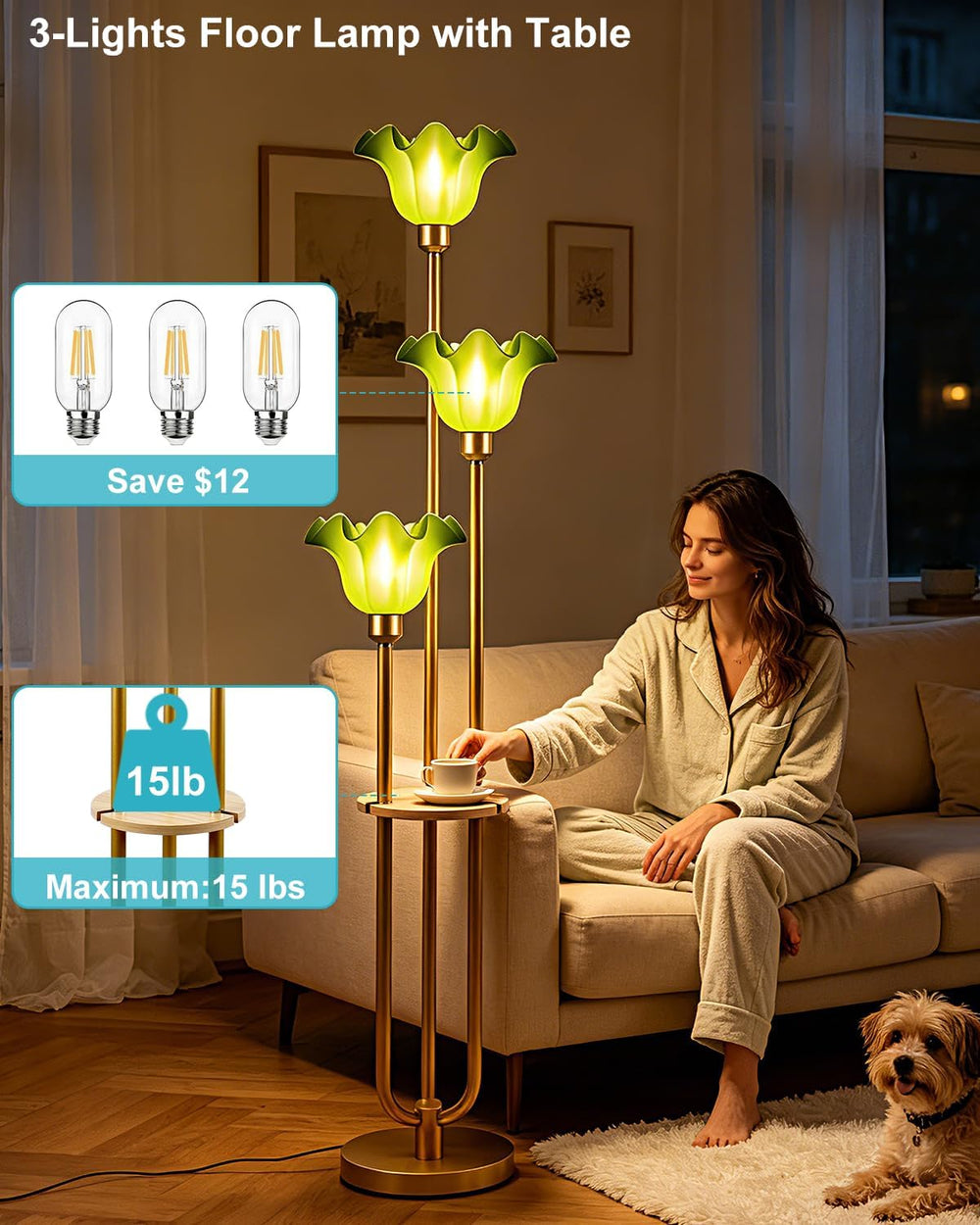 Green Flower Floor Lamp for Living Room, Mid Century Modern Floor Lamp Dimmab...
