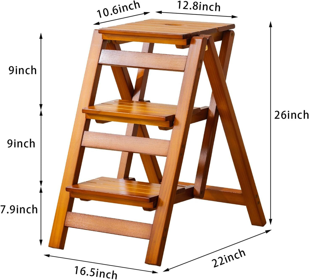 Latifolia Foldable 3 Step Ladder, Wooden Step Stool with Floor Saver, Decorat...