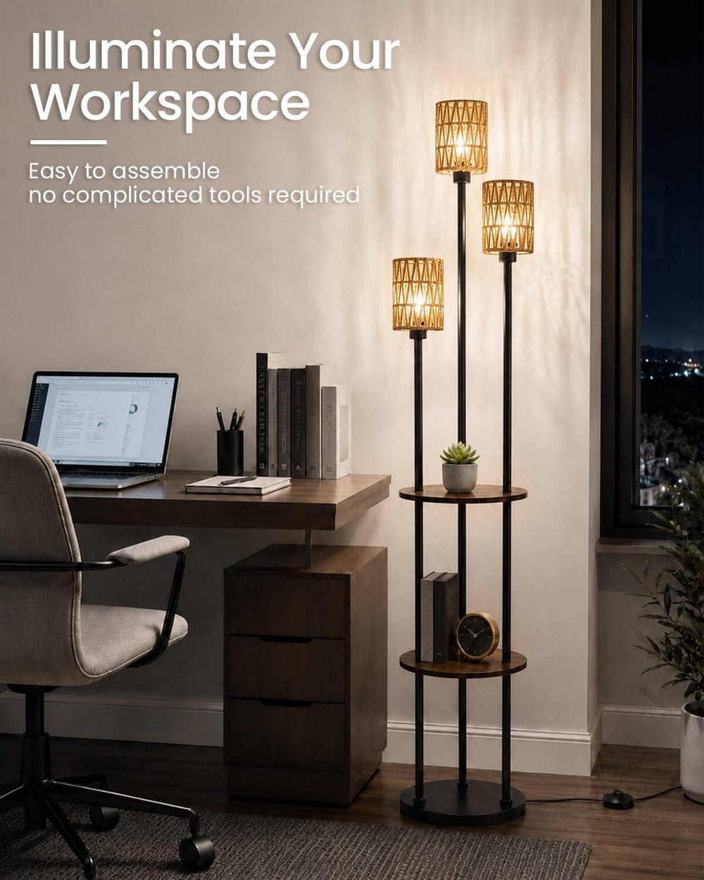 KIZON 71" Floor Lamp with Shelves and Rattan Shades, 3-Tier Standing Light