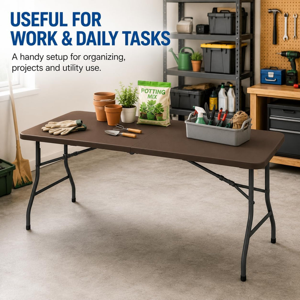 6 FT Folding Table, 500 lb Heavy Duty Plastic Table with Carrying Handle, Brown