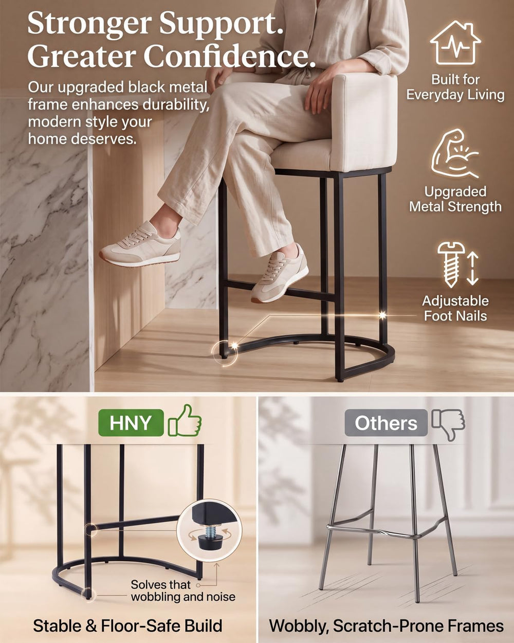 HNY Modern Counter Height Linen Fabric Cream Upholstered Counter Stools Set o...