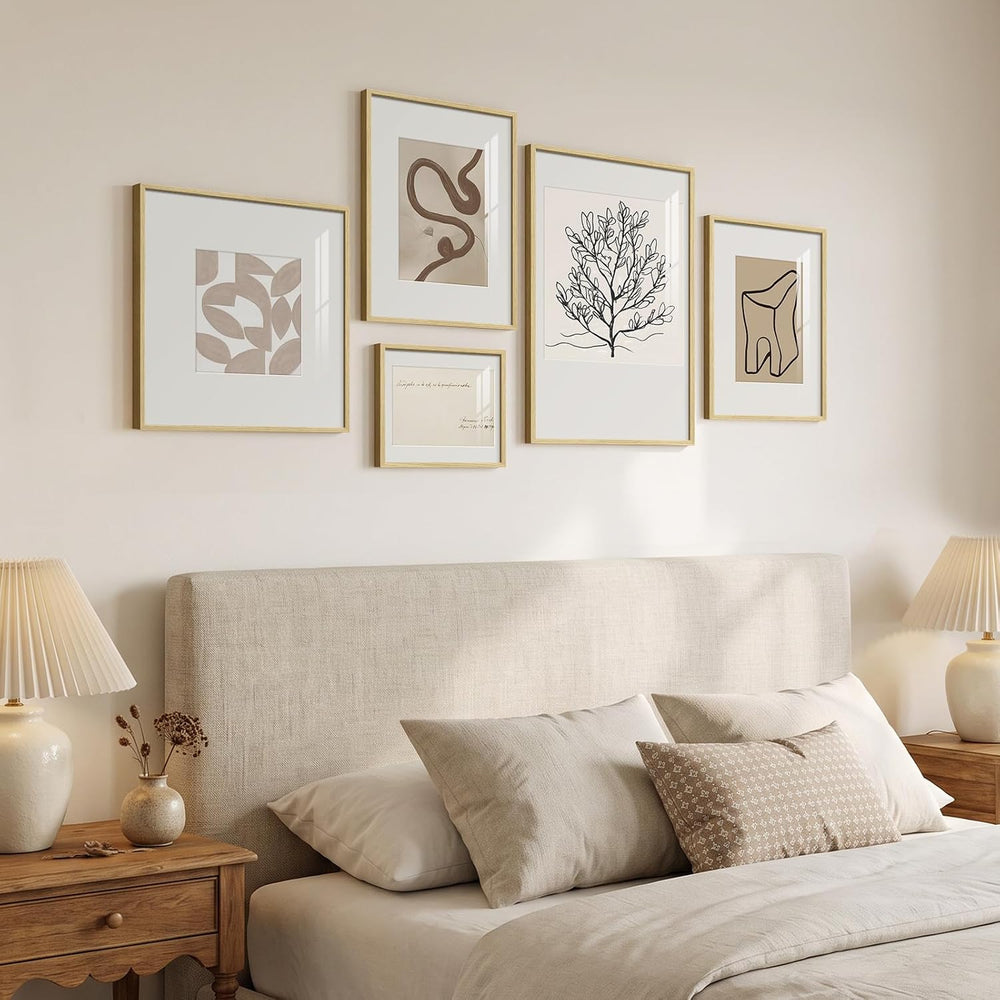 Large Framed Modern Minimalist Neutral Wall Art for Living Room, 5 Piece