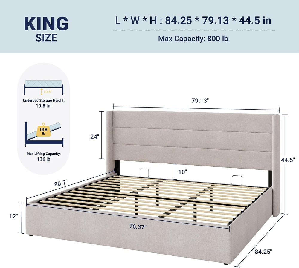 Allewie King Size Lift Up Hydraulic Storage Bed Frame Light Beige