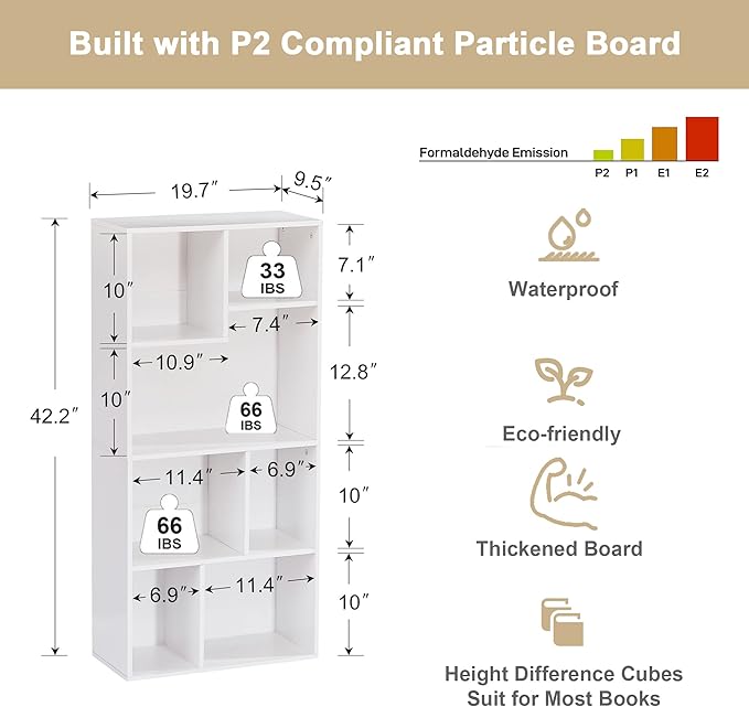 VECELO 42" Modern White Bookshelf, 7 Cube Organizer Bookcase,Fits Tallest Hardcovers, Horizontal Available,Floor Standing Display,Easy Assembly, Pearl White