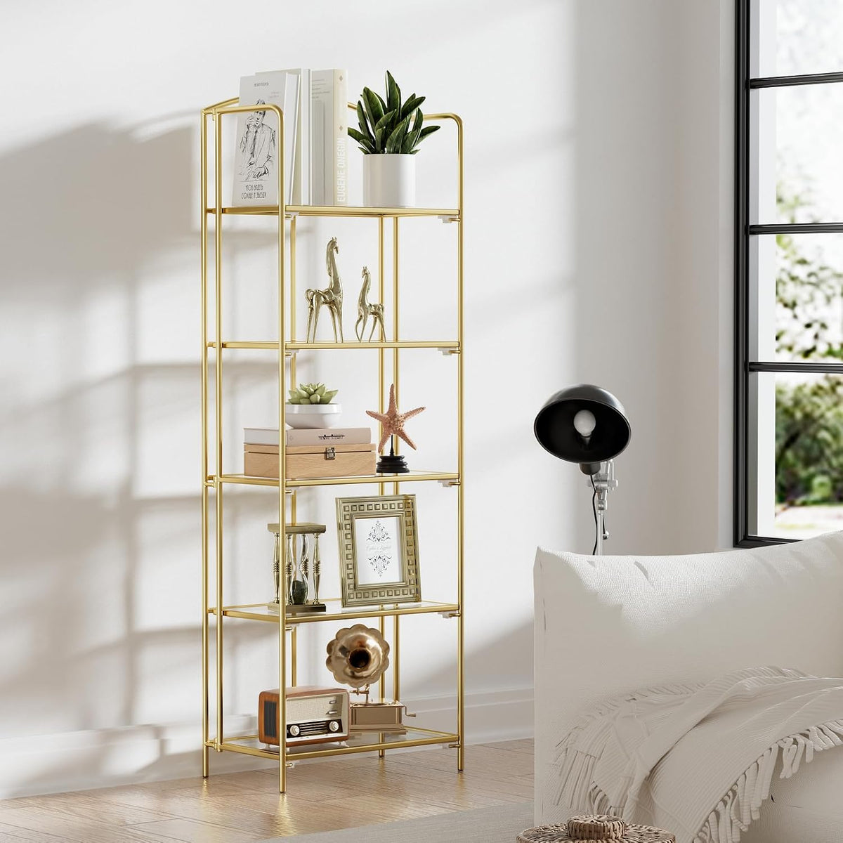crofy 5-tier foldable bookshelf, gold frame & transparent shown in use