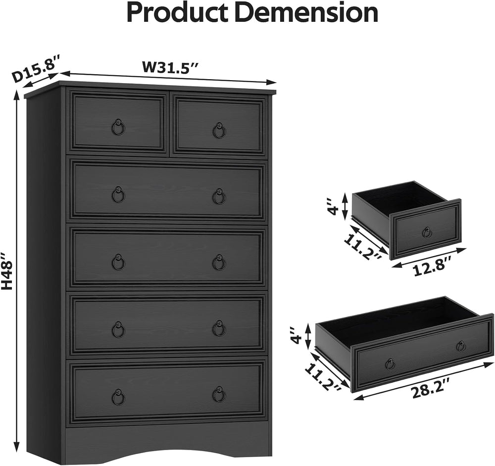 VVFLU 48'' Tall Black Dresser with 6 Drawers Chest of Drawers for Bed...