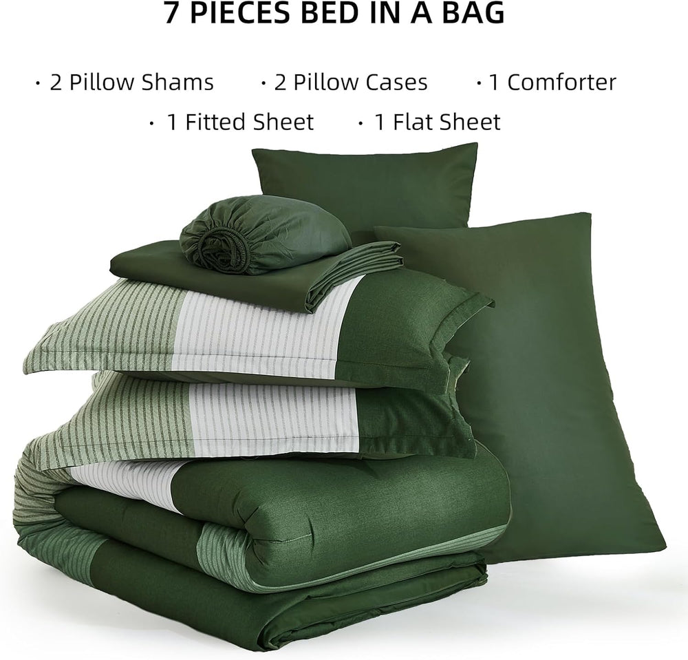 Queen Comforter Set Olive Green, 7 Pieces Boho Striped Bed in a Bag