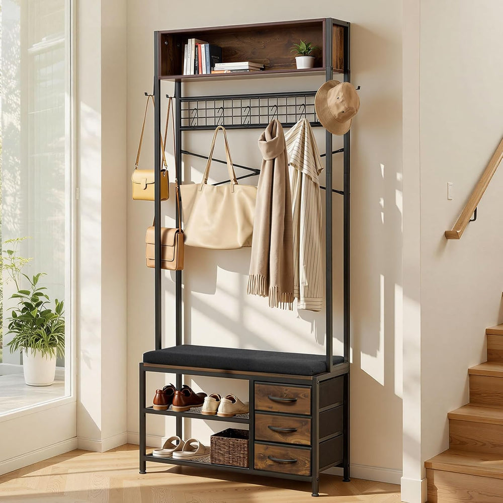 VEVOR Hall Tree with Bench and Shoe Storage, Entryway Bench with Coat Rack, 3...
