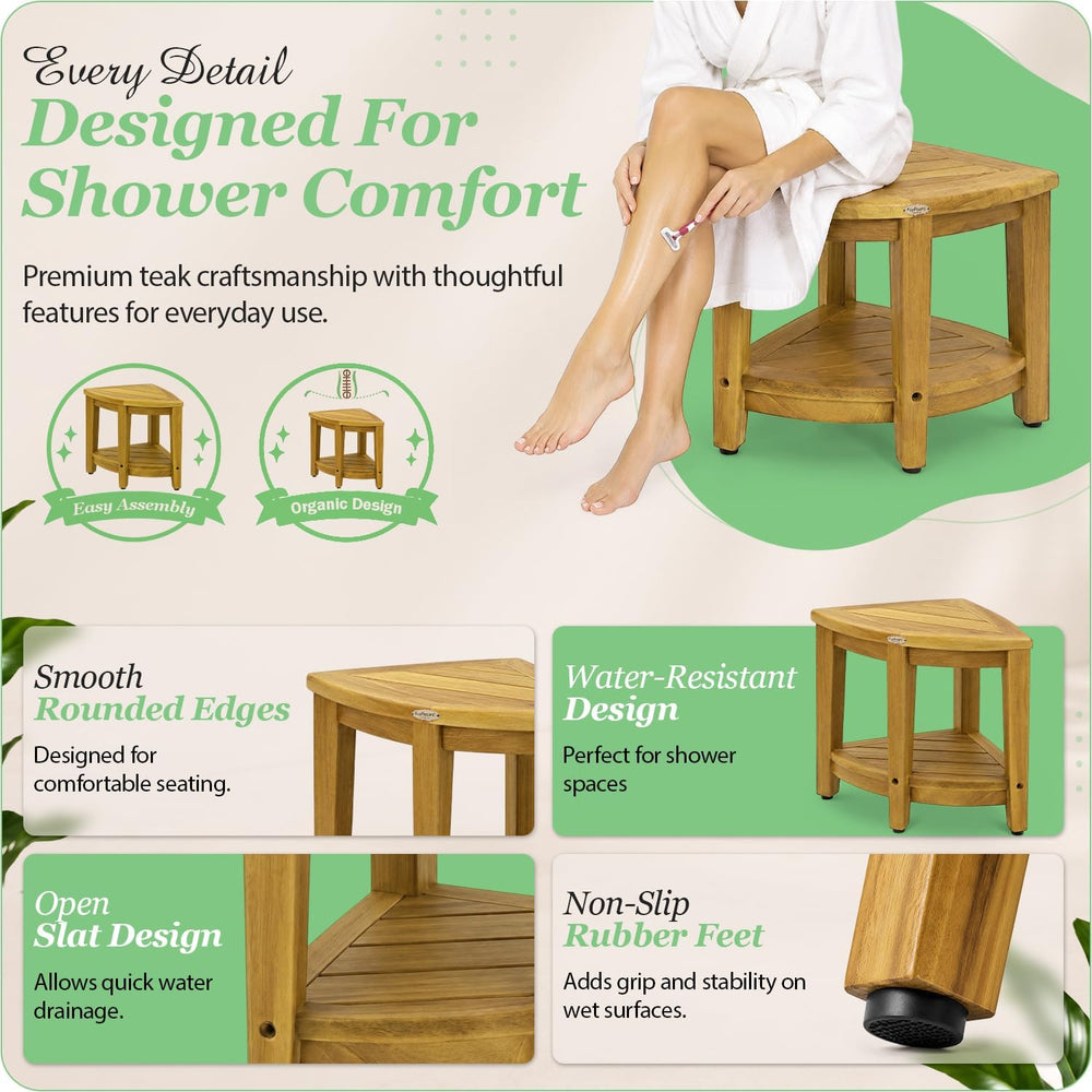 EcoDecors 18’’ Corner Teak Shower Bench, Shower Stool & Foot Rest