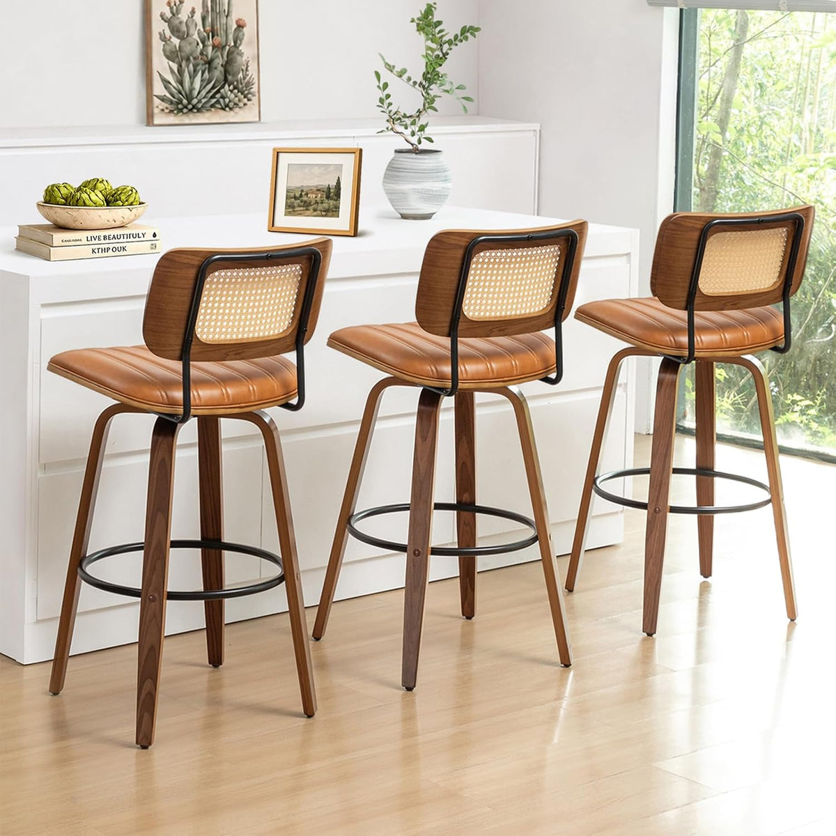 Bar Height Bar Stools, Rattan Swivel Bar Stools with Walnut Craftsmanship