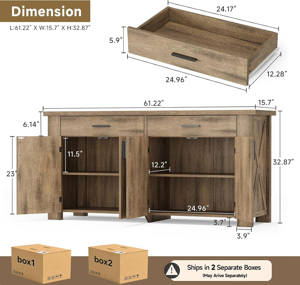 ONBRILL 61" Sideboard Buffet Cabinet with Storage & 2 Drawers, Rusti...