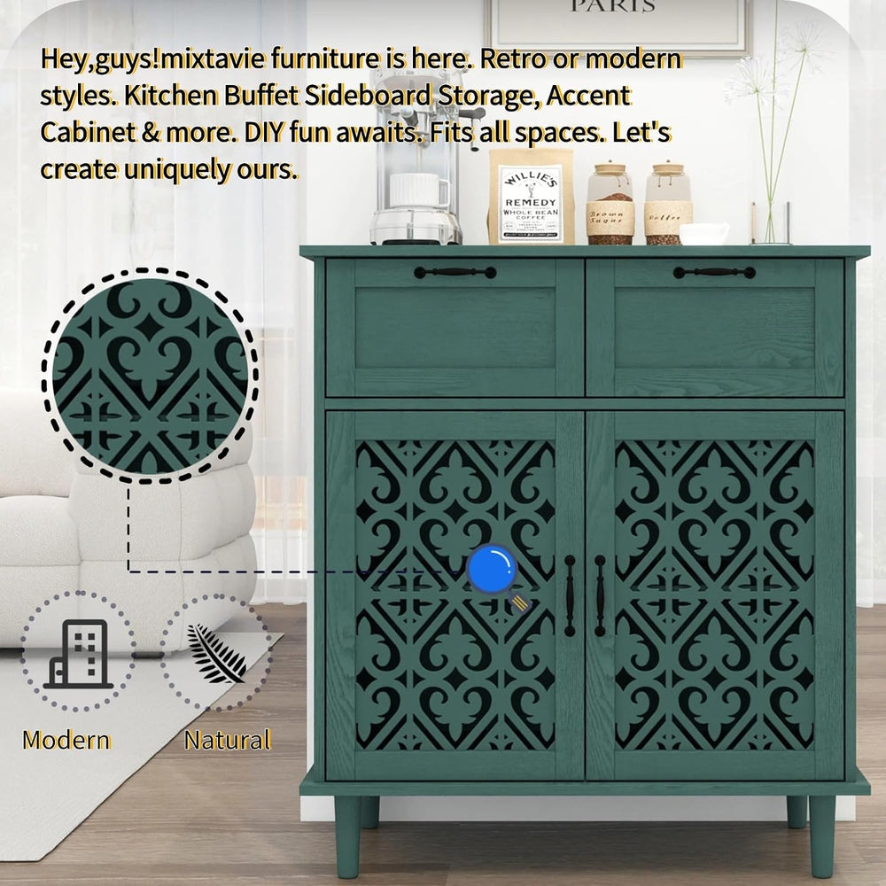 Green Buffet Sideboard Cabinet with 2 Doors 2 Drawers- Accent Cabinet with Ad...