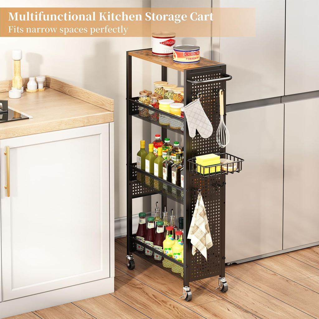 Slim Storage Rolling Cart: 4-Tier Narrow Metal and Wood Utility Cart with Wheels for Kitchen/Laundry/Bathroom(Black)
