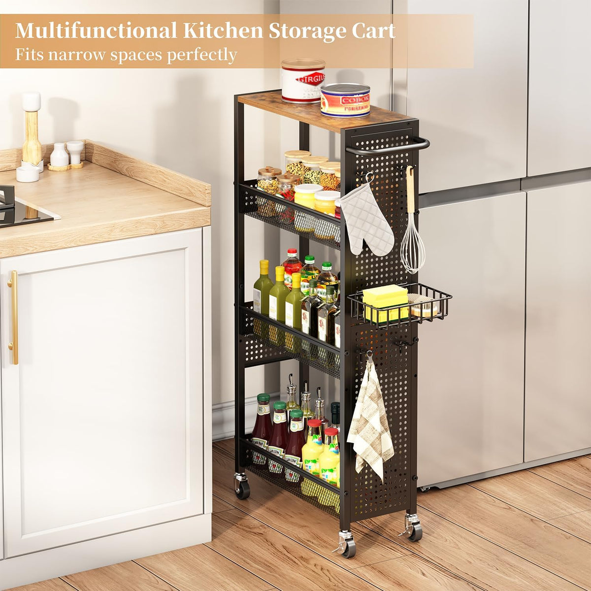 Slim Storage Rolling Cart: 4-Tier Narrow Metal and Wood Utility Cart with Wheels for Kitchen/Laundry/Bathroom(Black)