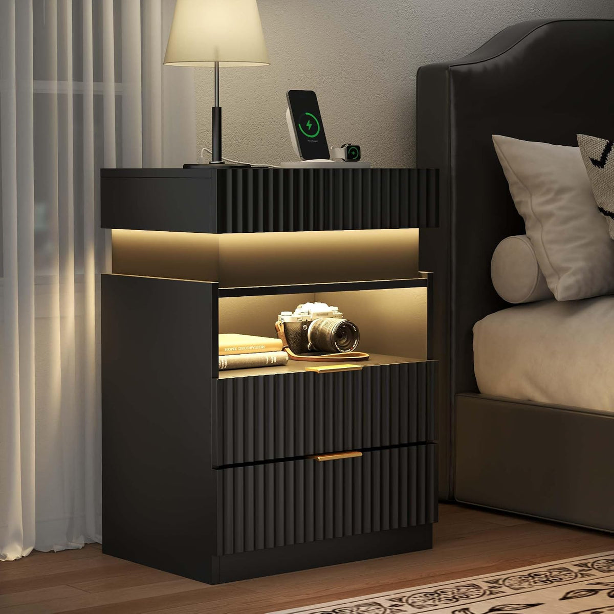 Night Stand with Wireless Charging Station, Black Bedside Table with Hidden Gun Drawer & LED Lights, Modern End Table with 2 Drawers, Fluted Nightstands with Open Storage Shelf for Bedroom