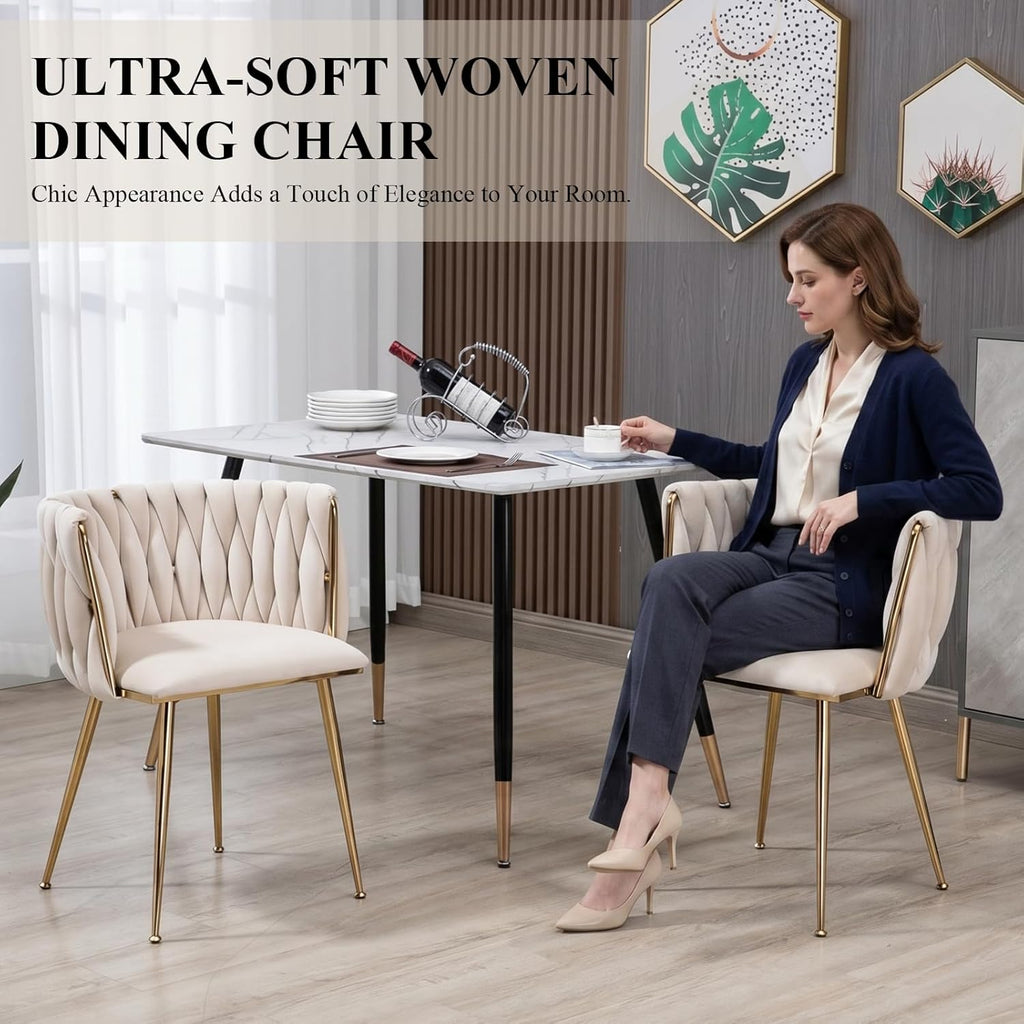 NIOIIKIT Modern Velvet Dining Chairs Hand Weaving Accent Chairs Living Room Chairs Upholstered Side Chair with Golden Metal Legs for Dining Room Kitchen Vanity Living Room (Ivory) (Set of 2)