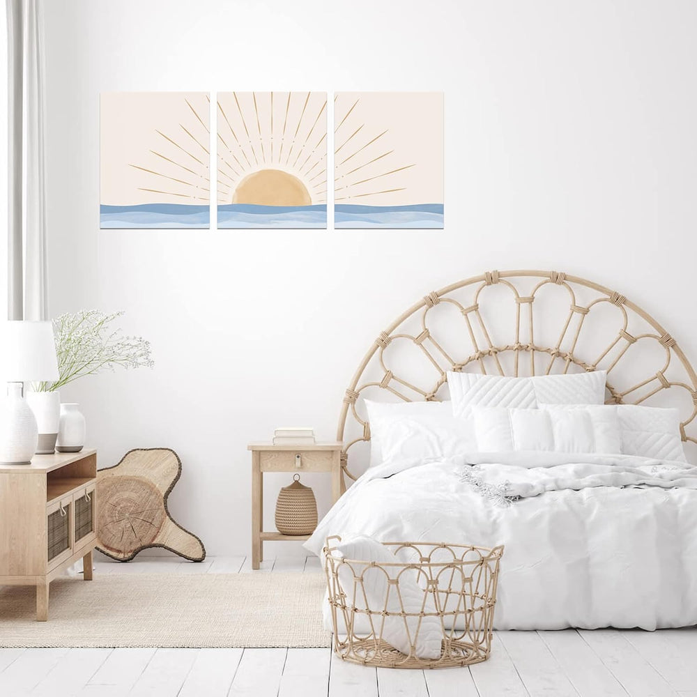Boho Wall Art Set of 3, Neutral Geometric Sun Rising on the Sea Minimalist Ar...