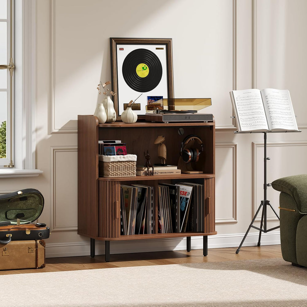 ONBRILL Mid Century Modern Record Player Stand with Charging Station,Walnut