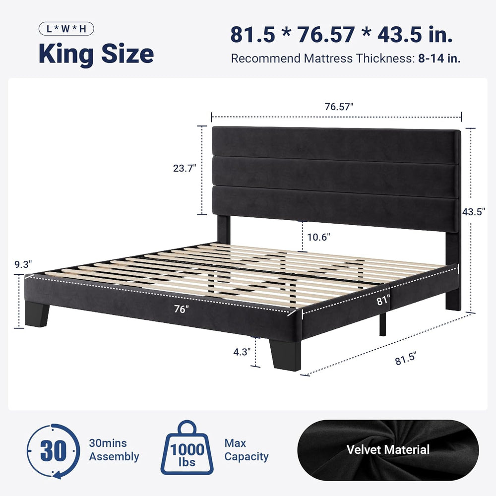 Allewie King Size Platform Bed Frame with Velvet Upholstered Headboard