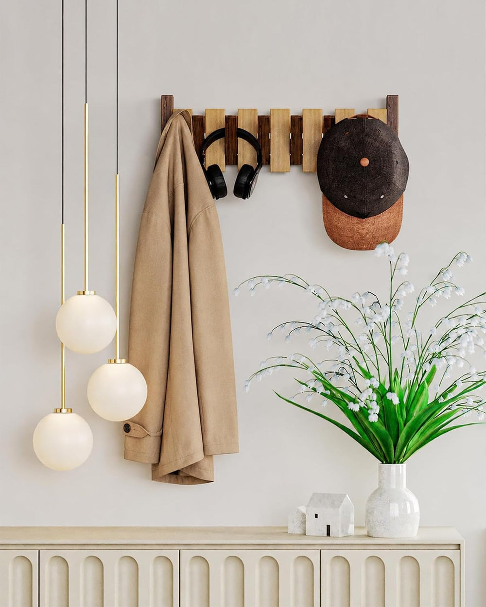 Coat Rack Wall Mount Wood, 6 Flip-Down Magnetic Hooks