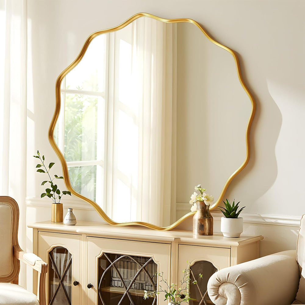 30" Decorative Scalloped Round Wall Mirror, Wavy Metal Deep Frame, Gold