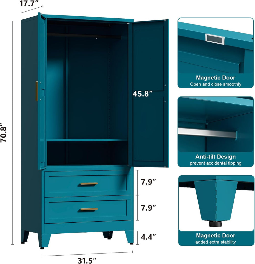 Washsemba 71'' Farmhouse Metal Wardrobe Cabinet with Hanging Rod, 2 B...