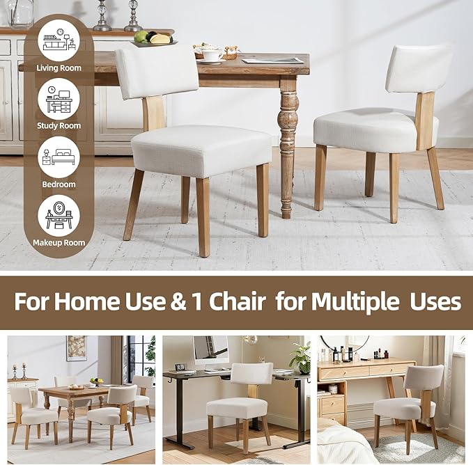 Dining Chairs, Fabric Upholstered Wood Kitchen Chairs Set of 2, Linen Curved Backrest Accent Chairs,Farmhouse Modern Dining Chairs with Foot Pad for Kitchen/Living Room/Restaurant/Cafe-Beige