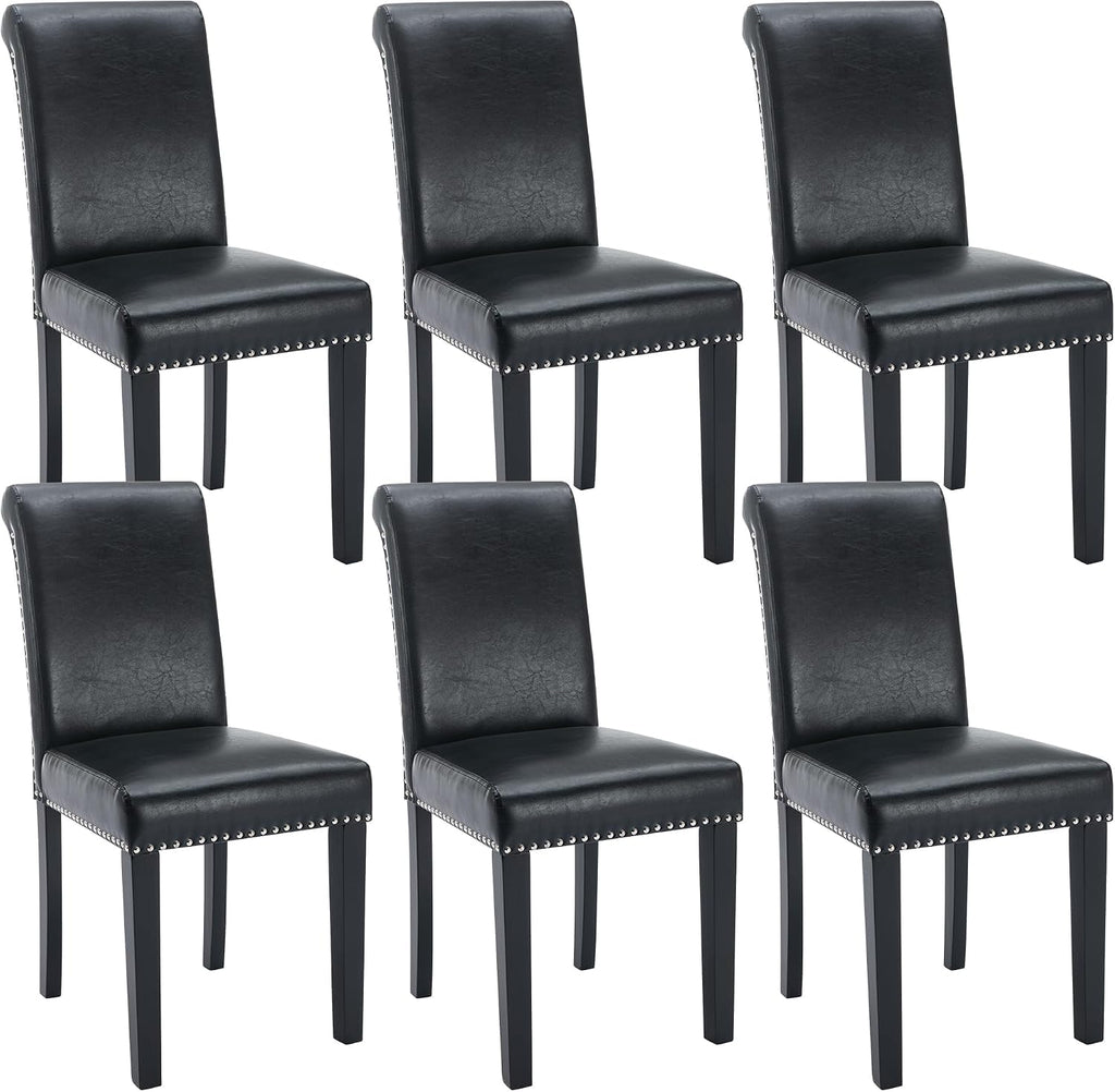Dining Room Chairs Set of 6, Upholstered PU Leather, Rubber Wood, Black