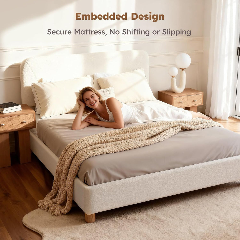 Queen Cloud Bed Frame, Wood Boucle Upholstered Platform Bed, Cream White