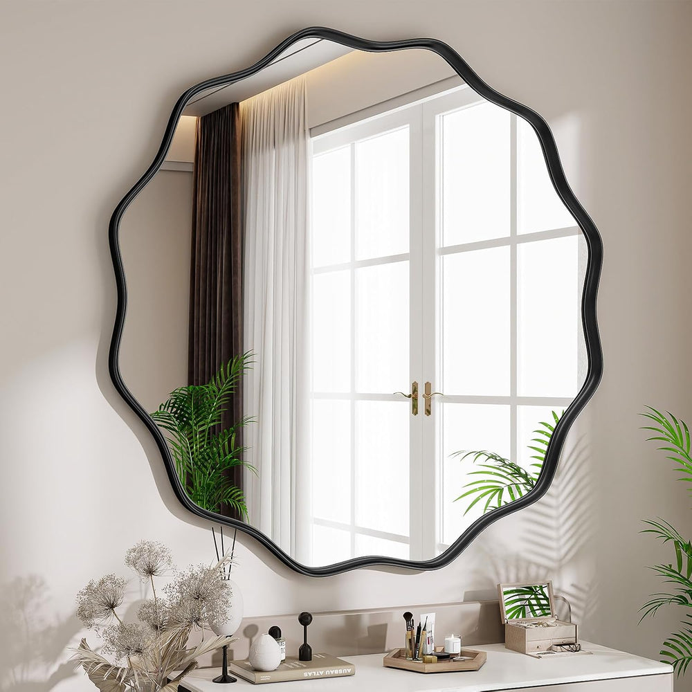Wavy Round Mirror, 30" Scalloped Metal Frame Black Circle Mirror
