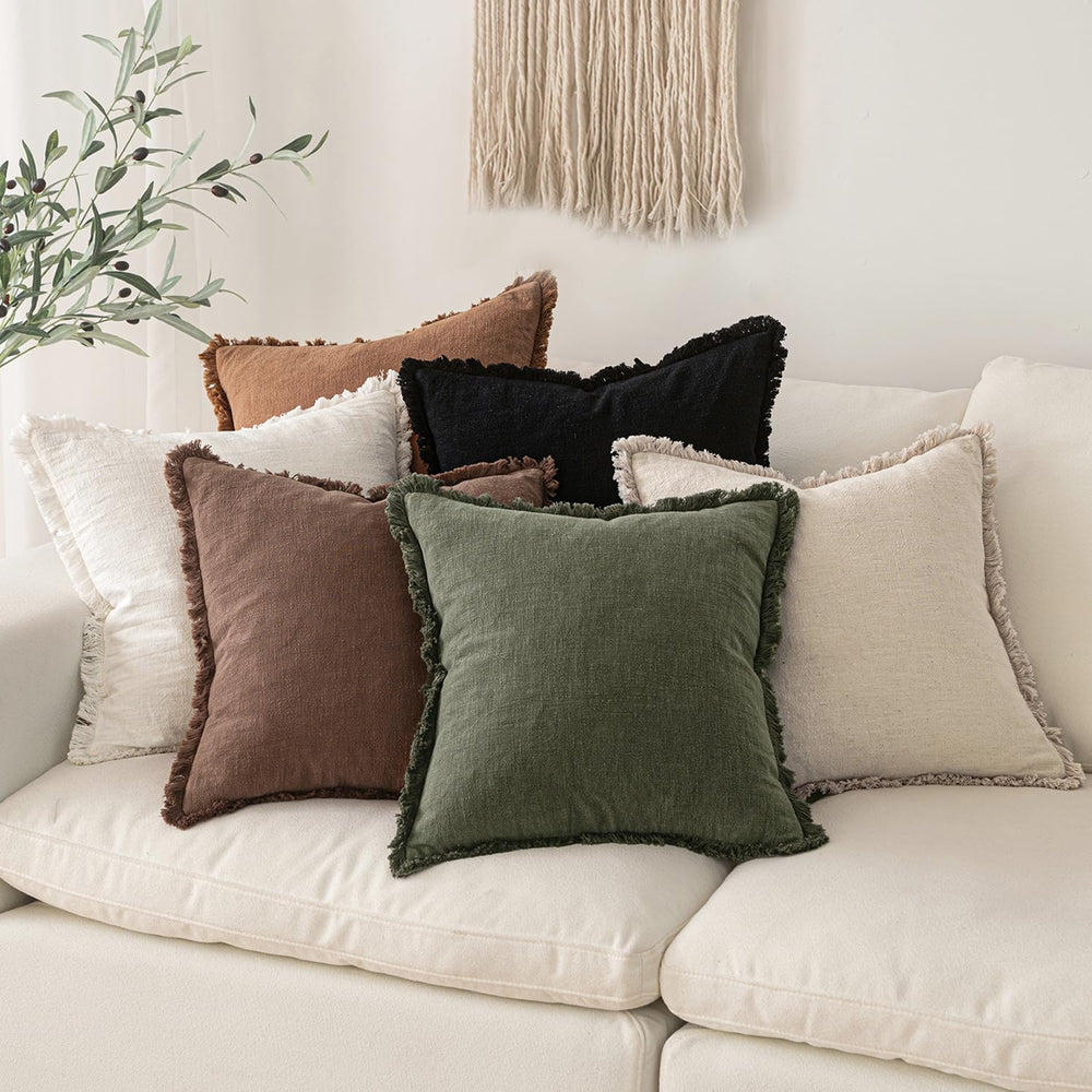MIULEE Linen Fringe Decorative Fall Throw Pillow Covers Dark Coffee 20x20