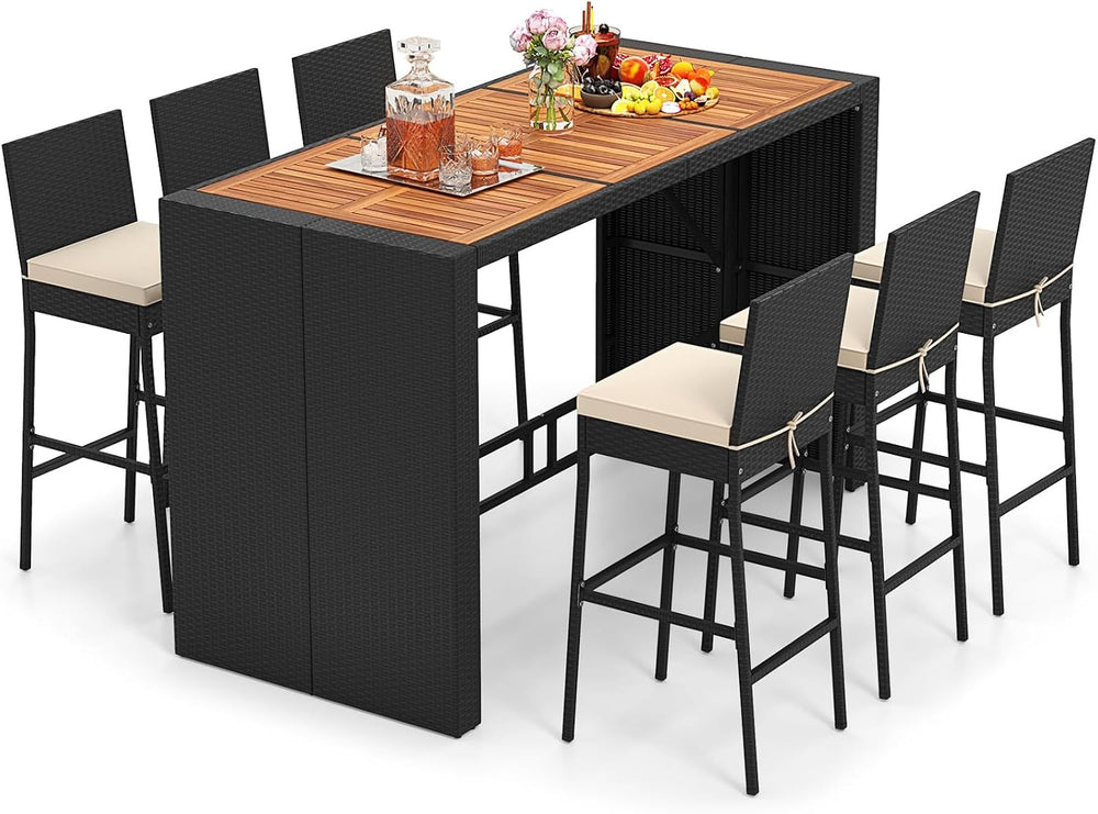 Tangkula 7 Piece Patio Wicker Bar Set, Patiojoy Outdoor Acacia Wood Bar Heigh...