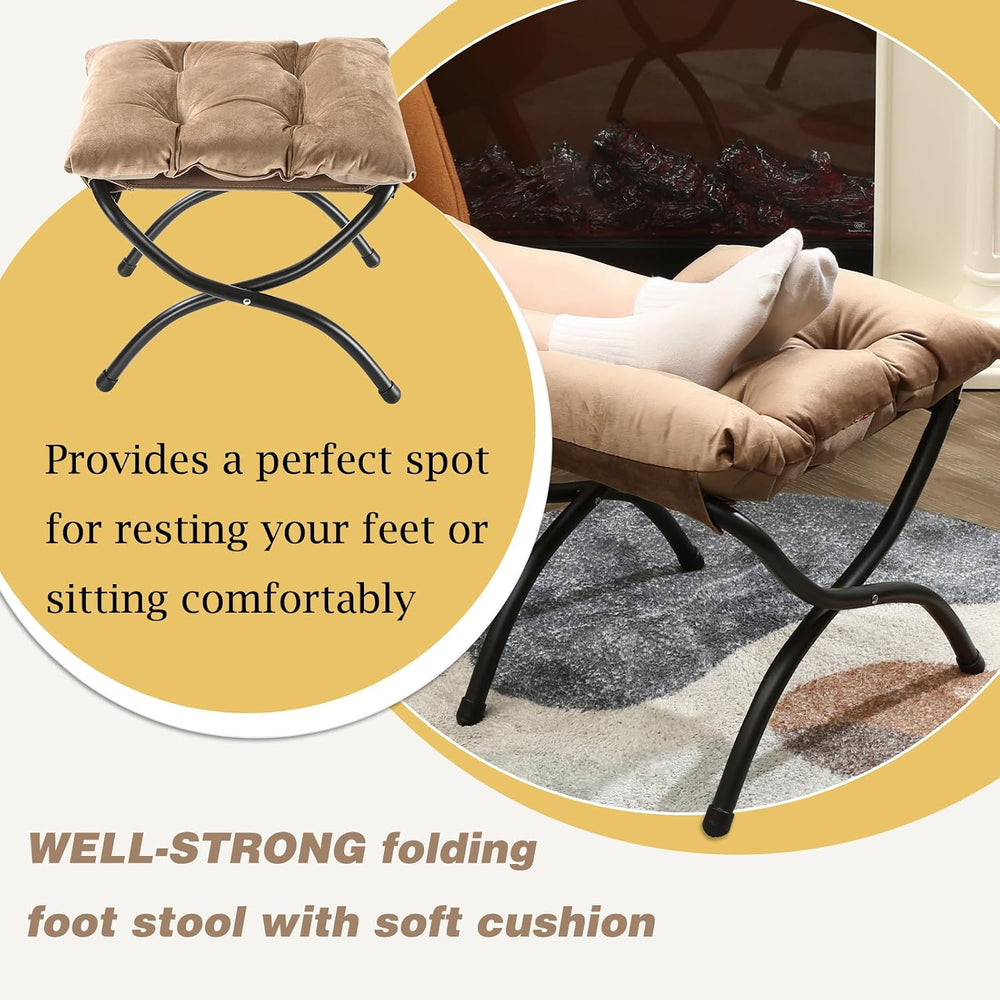 15" Upholstered Folding Foot Rest Stool with Foldable Metal Frame Khaki