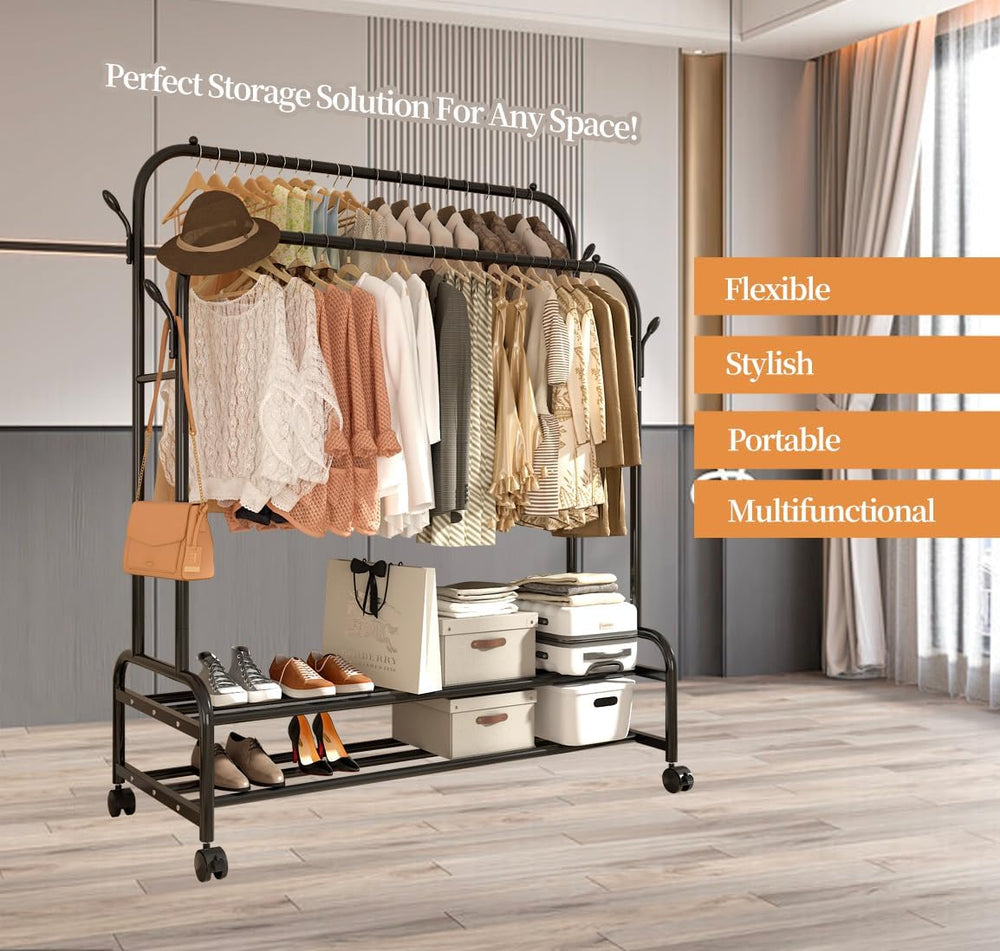 Sturdy Metal Double Rodding Clothes Rack With Wheels, Portable Clothing Rack ...