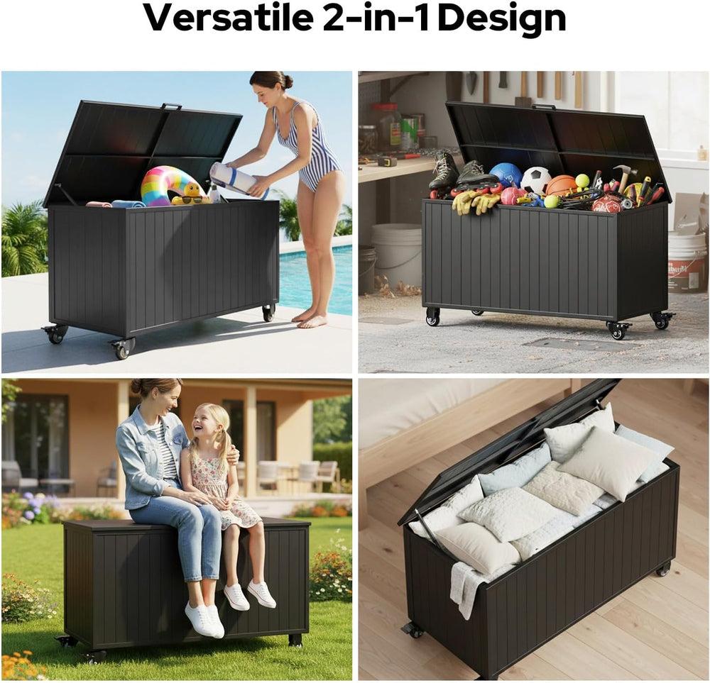150 Gallon Outdoor Storage Box with Wheels, Metal Deck Boxes,Black